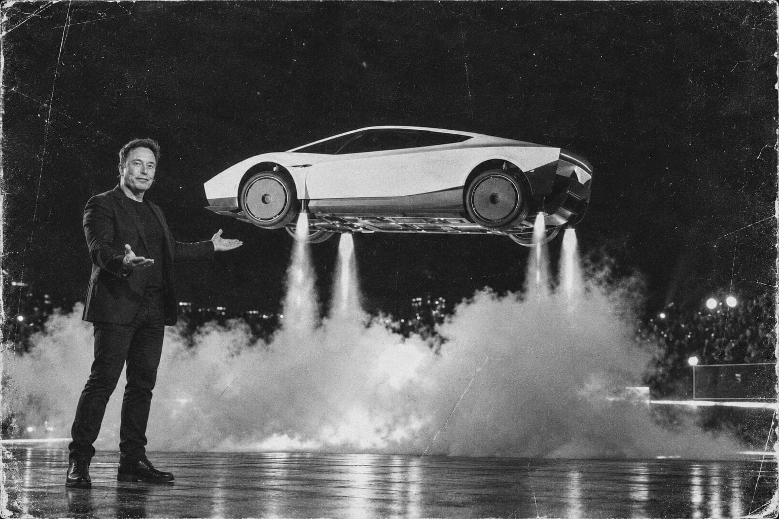 AI-generated illustration of Elon Musk gesturing towards a white sports car hovering above smoke on rocket-style thrusters at night.
